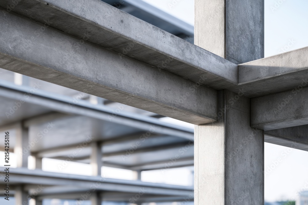Naklejka premium Structural concrete beams and columns intersecting to form the framework of a modern building under construction against a clear sky background