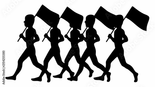 Foto Determined group of runners marching together carrying flags in unity with cohes