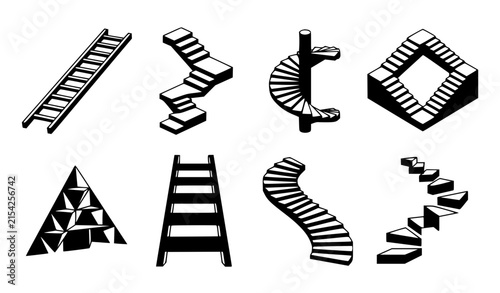 Surreal Geometric Ladder Vector Set with Abstract Retro Stairs and Modern Architectural Steps for Minimal Monochrome Designs