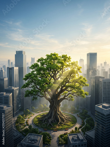 owerful environmental concept illustration showing a single enormous ancient tree growing in the middle of a modern minimalist city 