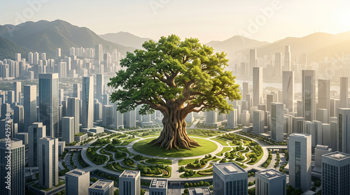 owerful environmental concept illustration showing a single enormous ancient tree growing in the middle of a modern minimalist city 