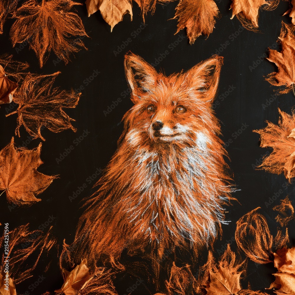 Naklejka premium Chalk sketch of a fox with intricate fur details among leaves on a blackboard in a rustic setting. The artwork captures nature.