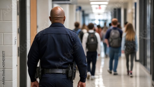 School Resource Officer Patrolling a Busy High School Hallway During the Morning Class Transition