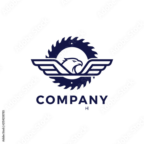 Eagle head wing logo with industrial saw blade