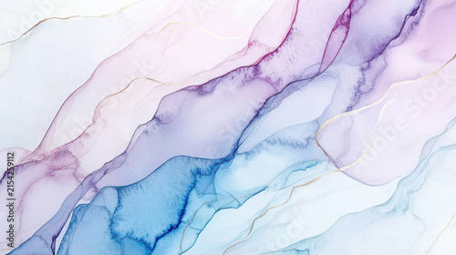 Elegant abstract background featuring smooth flowing waves in pastel colors of pink, purple, and blue with delicate gold accents