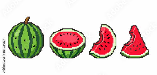Pixel art watermelon set featuring whole fruit, half cut, slice, and bitten slice isolated on white background.