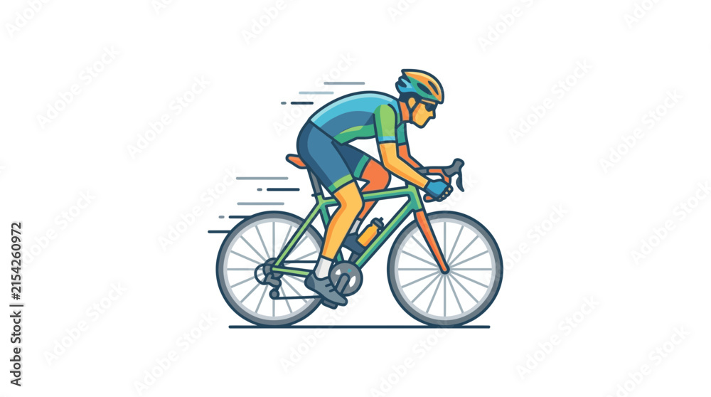 Fototapeta premium Vector illustration of a male cyclist riding a road bike in a dynamic racing posture, wearing a helmet and cycling gear, depicted with motion lines on a white background.