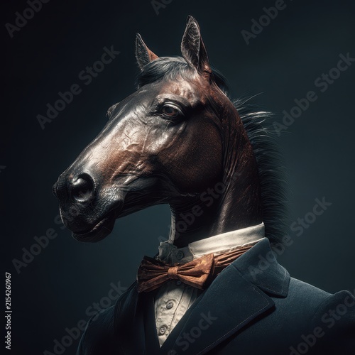 Elegant Horse with Human Body Fashioned in Formal Suit and Bow Tie, Artistic Portrait, Dark Background, Sophisticated Animal Image