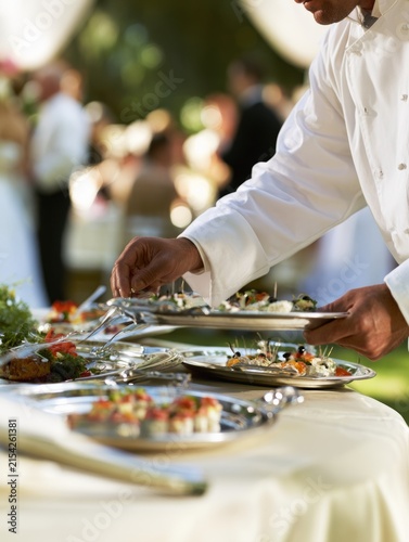 Caterer arranging hors d’oeuvres on silver trays at reception, professional event hospitality.
