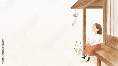 Obraz na płótnie 縁側で風鈴を見上げる女性のイラスト