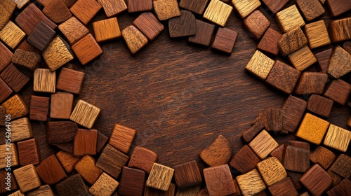 Abstract Background with Diverse Wooden Cubes and Central Copy Space