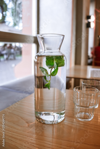 A glass carafe filled with fresh water and fresh mint leaves