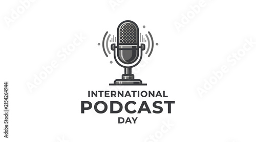 International podcast day graphic with retro microphone and sound waves illustration, podcast host