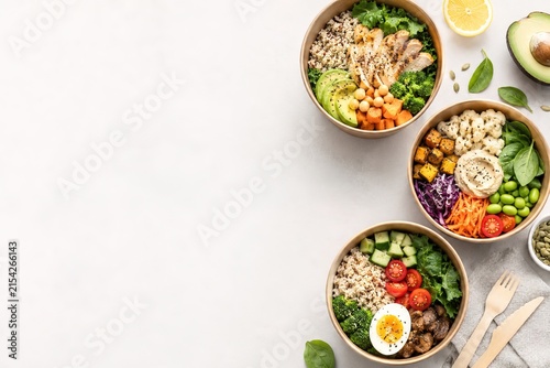 Colorful healthy meal bowls arranged beside wide copy space
