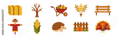 Collection of cute autumn themed icons featuring seasonal harvest elements and woodland animals.