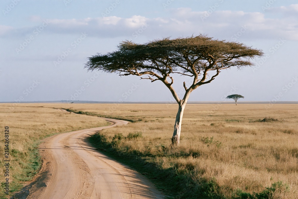Obraz premium The Acacia Tree on a Winding Savanna Road Under a Wide Sky