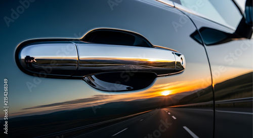 Close-up of a car door handle reflecting a sunset over a highway, emphasizing motion and travel.