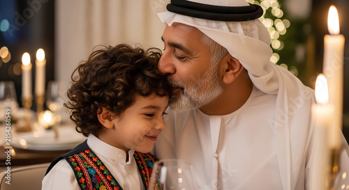 A loving grandfather wearing a traditional white thobe and ghutra kisses his grandson on the forehead, celebrating a special family moment.