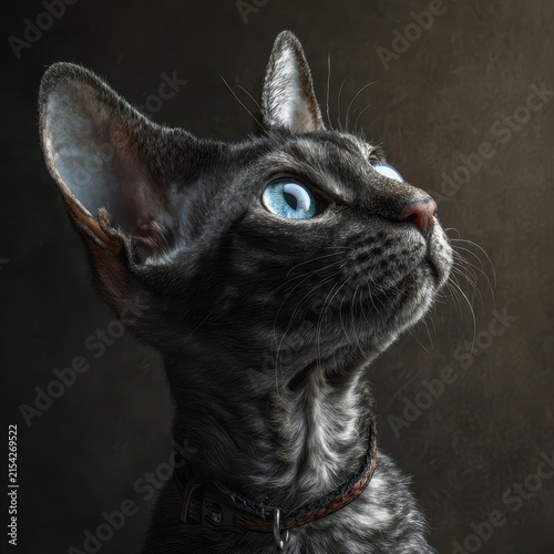 Close-up of a black and white domestic cat with striking blue eyes looking upward against a dark background