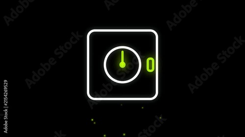 Minimalist neon outline of a safe door with a glowing green dial.