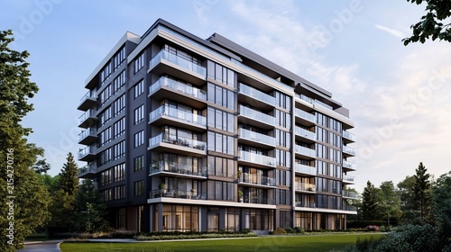 Modern Architecture, Elegant Residential Building with Balconies and Green Surroundings