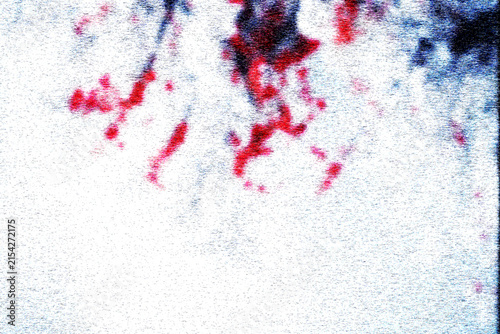 Abstract noisy digital glitch texture with red and blue stains on white background
