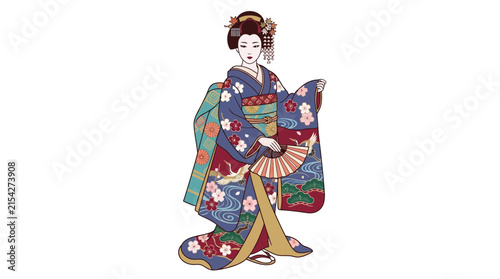 Illustration of a Traditional Japanese Woman in Kimono