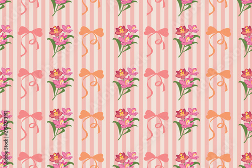 Seamless Floral Pattern with Pink Flowers, Bows and Vertical Stripes