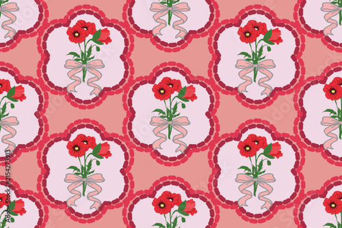 Seamless Floral Pattern with Red Flowers, Pink Ribbons and Decorative Circles