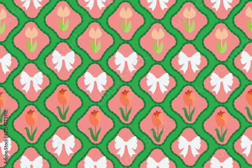 seamless floral pattern Floral and White Bow Seamless Pattern with Tulips on Pink Background