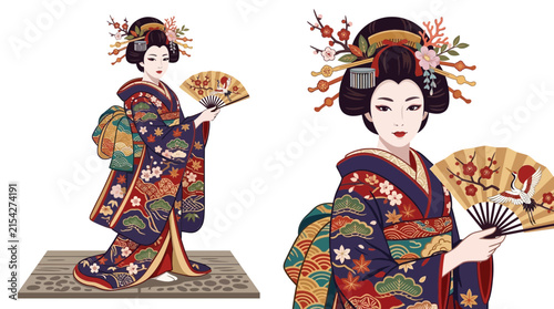 Illustration of a Traditional Japanese Woman in Kimono