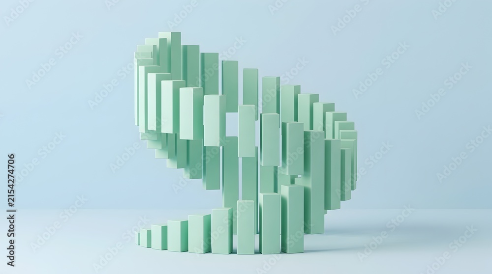 Fototapeta premium Mint green blocks arranged in a spiral shape on blue