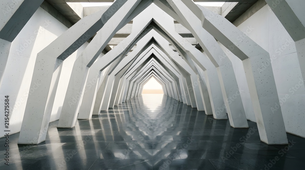 Obraz premium Modern concrete tunnel with geometric arches and reflective floor
