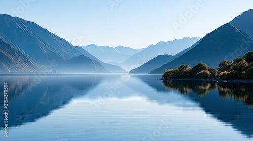 Serene mountain lake reflects calm blue sky and layered peaks at dawn