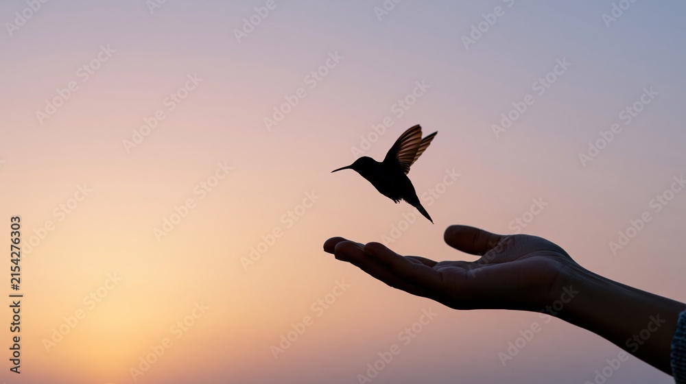 Naklejka premium The Hummingbird Hovering Above a Gentle Hand at Sunset Captured in Grace