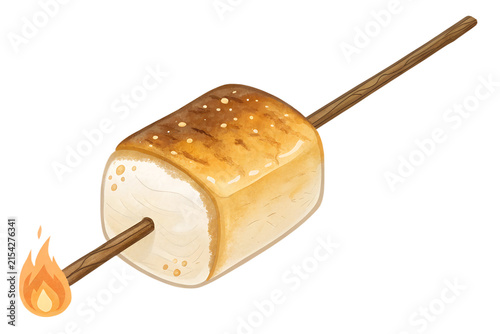 Golden toasted marshmallow on a wooden skewer with small dancing fire on transparent background