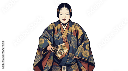 Japanese Noh Theater Performer with Traditional Fan Isolated