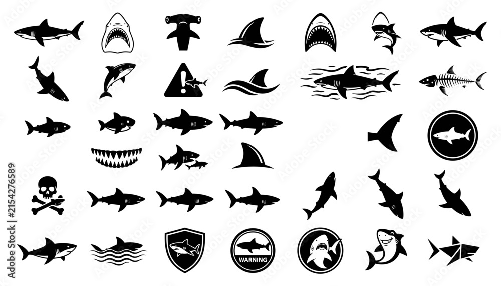 Fototapeta premium Sharks and Ocean Predator Warning Icons in Black Silhouette Style