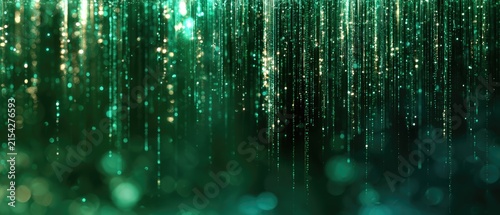 Emerald green streaks of light and bokeh sparkle down, creating a magical, ethereal glow