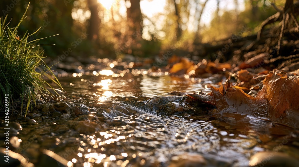 Fototapeta premium Sunlit forest stream flows over rocks and fallen leaves