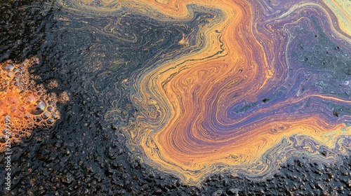 Swirling iridescent oil slick on dark, bubbly surface