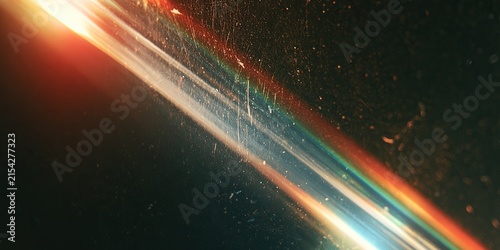 Abstract streaks of vibrant light and color against a dark, textured background