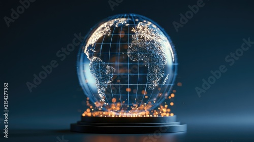 Glowing digital globe on stand with glowing particles