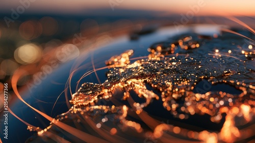 Global network connections illuminate continents at twilight