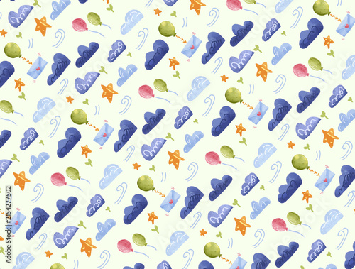 Cute Watercolor Cloud and Balloon Pattern, Hand Drawn Illustration