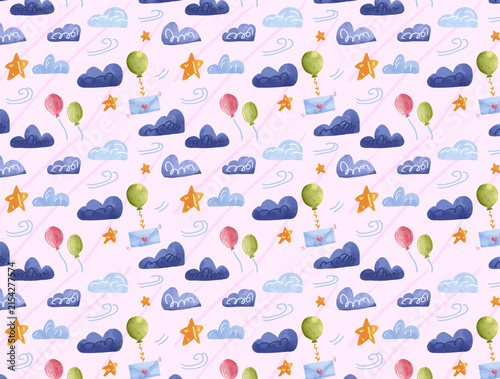 Clouds, Balloons and Stars Seamless Pattern in Pink, Watercolor Illustration