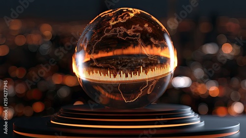 Luminous globe with glowing continents hovers above a dark, bokeh-lit city