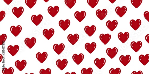 A repeating pattern of glossy red hearts on a white background