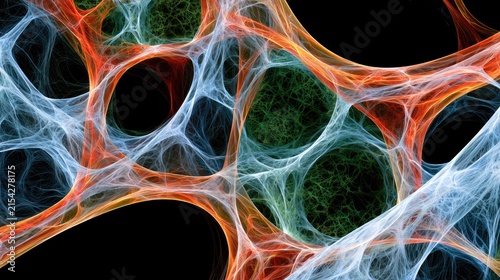Abstract fractal network of glowing organic strands on black background