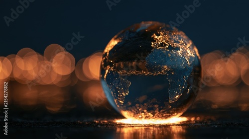 A glowing, illuminated planet rests on a dark surface, bathed in warm light